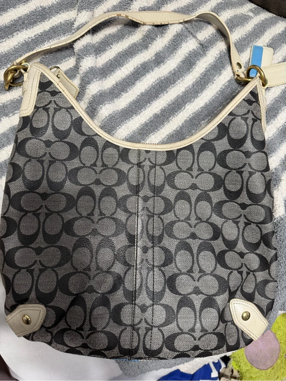 Coach Black Signature Hobo with Blue & White Center Stripe